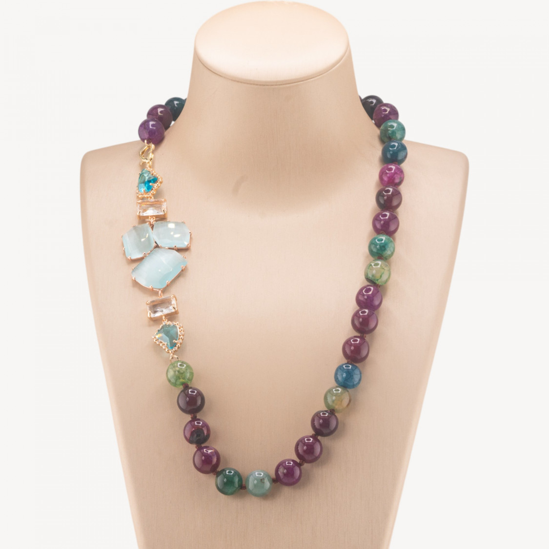 Collana Bijoux Con Pietre Dure e Laterale in Cristalli e Occhi di Gatto 60cm Mix E Celeste-COLLANE DESIGN CON PIETRE NATURALI E PERLE | Worldofjewel.com