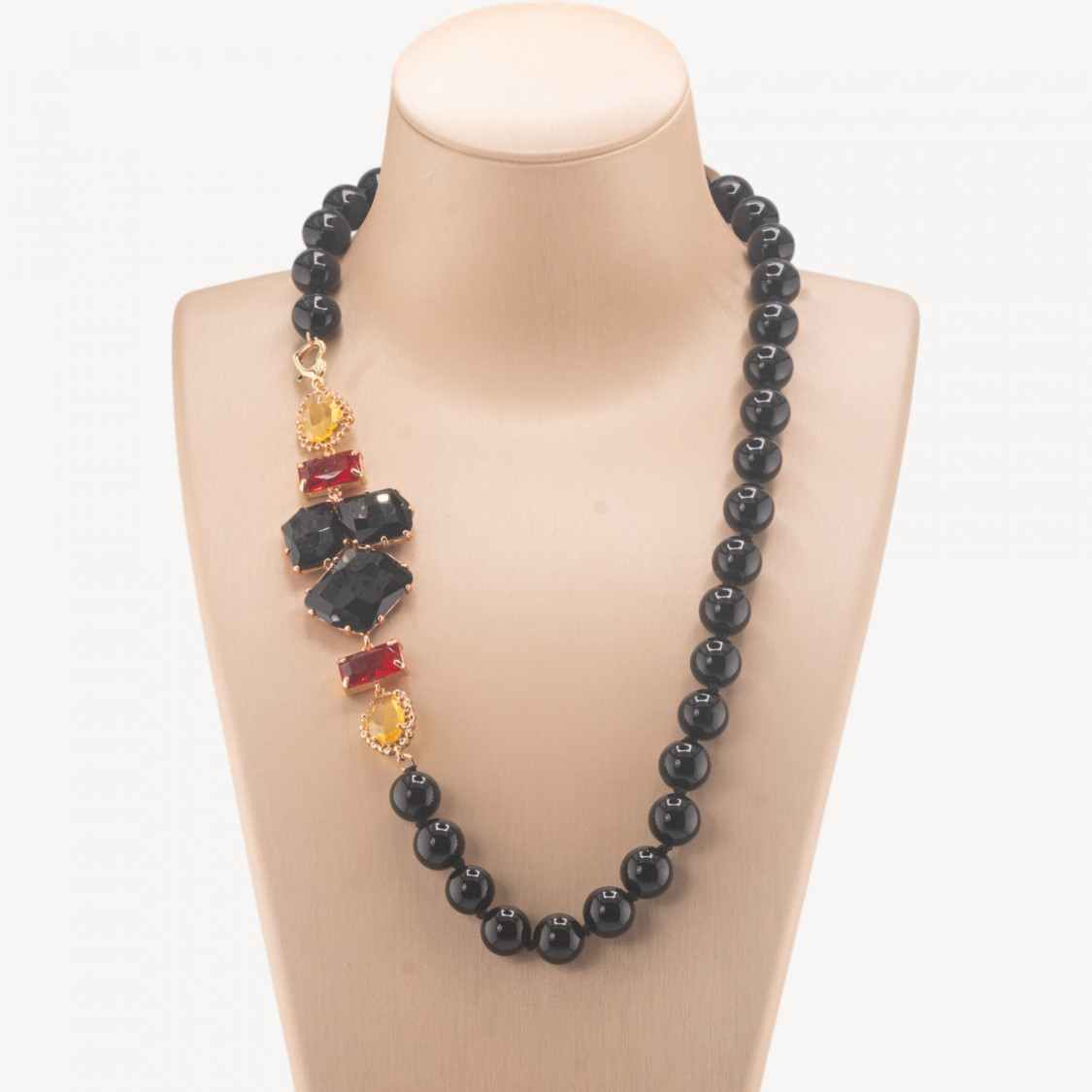Collana Bijoux Con Pietre Dure e Laterale in Cristalli e Occhi di Gatto 60cm Onice e Nero-COLLANE DESIGN CON PIETRE NATURALI E PERLE | Worldofjewel.com