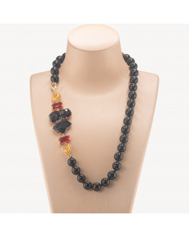 Collana Bijoux Con Pietre Dure e Laterale in Cristalli e Occhi di Gatto 60cm Onice e Nero-COLLANE DESIGN CON PIETRE NATURALI E PERLE | Worldofjewel.com