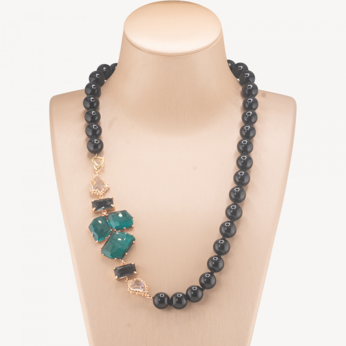 Collana Bijoux Con Pietre Dure e Laterale in Cristalli e Occhi di Gatto 60cm Onice e Verde-COLLANE DESIGN CON PIETRE NATURALI E PERLE | Worldofjewel.com