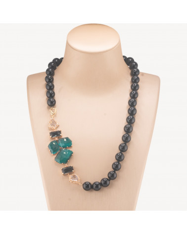Collana Bijoux Con Pietre Dure e Laterale in Cristalli e Occhi di Gatto 60cm Onice e Verde-COLLANE DESIGN CON PIETRE NATURALI E PERLE | Worldofjewel.com