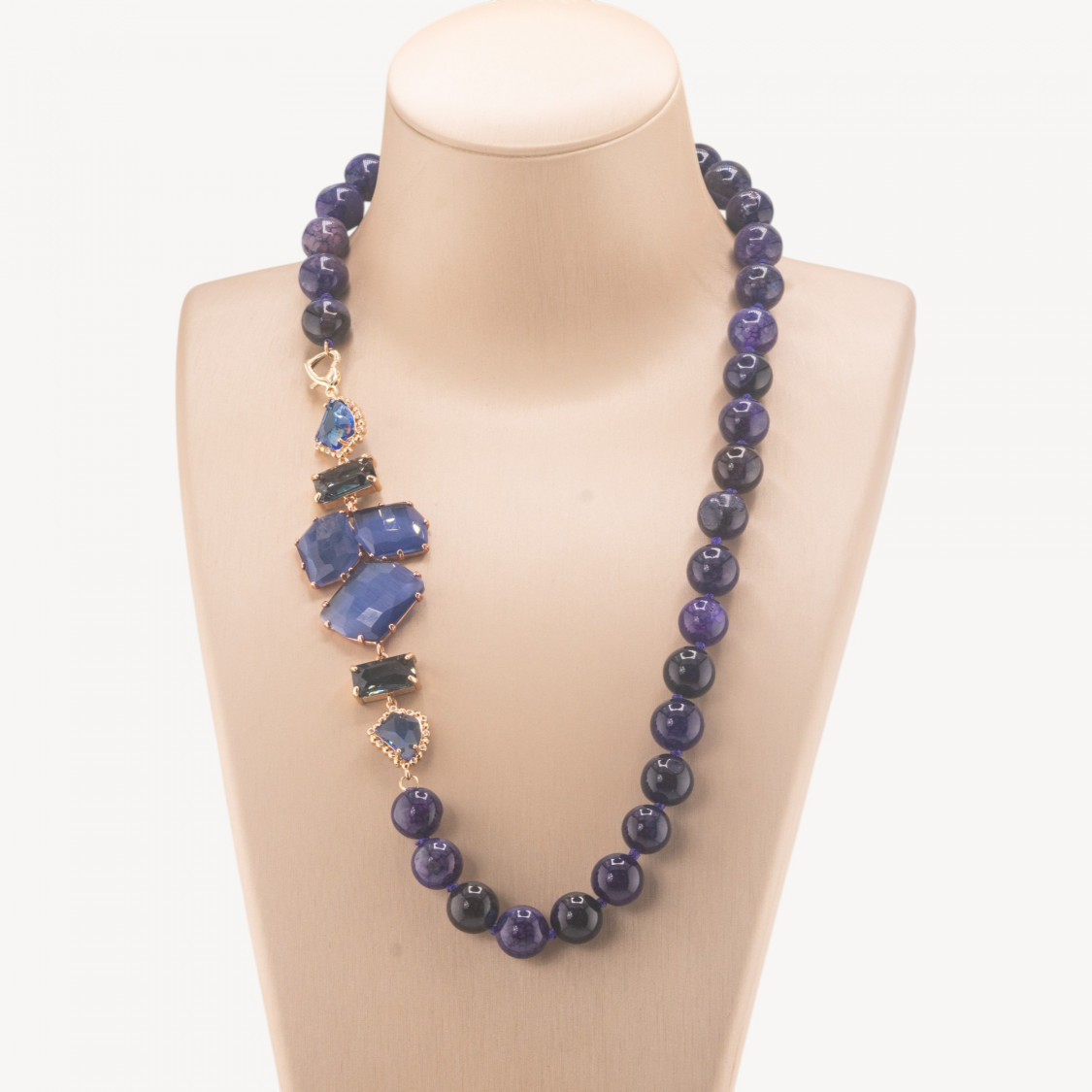 Collana Bijoux Con Pietre Dure e Laterale in Cristalli e Occhi di Gatto 60cm Viola-COLLANE DESIGN CON PIETRE NATURALI E PERLE | Worldofjewel.com