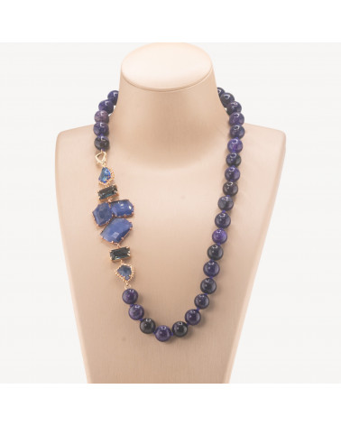 Collana Bijoux Con Pietre Dure e Laterale in Cristalli e Occhi di Gatto 60cm Viola-COLLANE DESIGN CON PIETRE NATURALI E PERLE | Worldofjewel.com