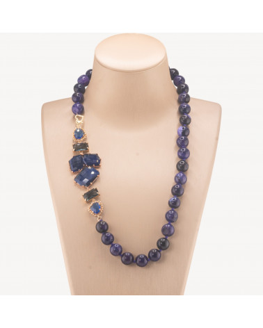 Collana Bijoux Con Pietre Dure e Laterale in Cristalli e Occhi di Gatto 60cm Viola-COLLANE DESIGN CON PIETRE NATURALI E PERLE | Worldofjewel.com
