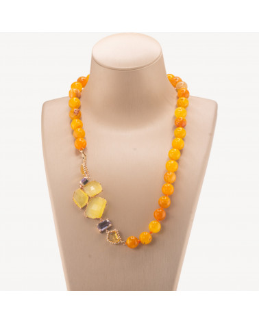 Collana Bijoux Con Pietre Dure e Laterale in Cristalli e Occhi di Gatto 60cmGiallo-COLLANE DESIGN CON PIETRE NATURALI E PERLE | Worldofjewel.com