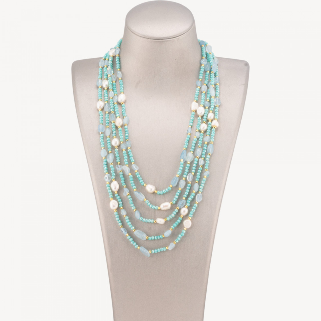 Collana Bijoux Girocollo 5 Fili Con Pietre Dure, Perle Naturali E Cristalli 50cm Acquamarina-COLLANE DESIGN CON PIETRE NATURALI E PERLE | Worldofjewel.com