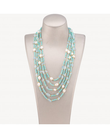 Collana Bijoux Girocollo 5 Fili Con Pietre Dure, Perle Naturali E Cristalli 50cm Acquamarina-COLLANE DESIGN CON PIETRE NATURALI E PERLE | Worldofjewel.com