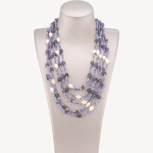 5-strängige Choker-Halskette mit Edelsteinen, Naturperlen und Kristallen, 50 cm, Amethyst