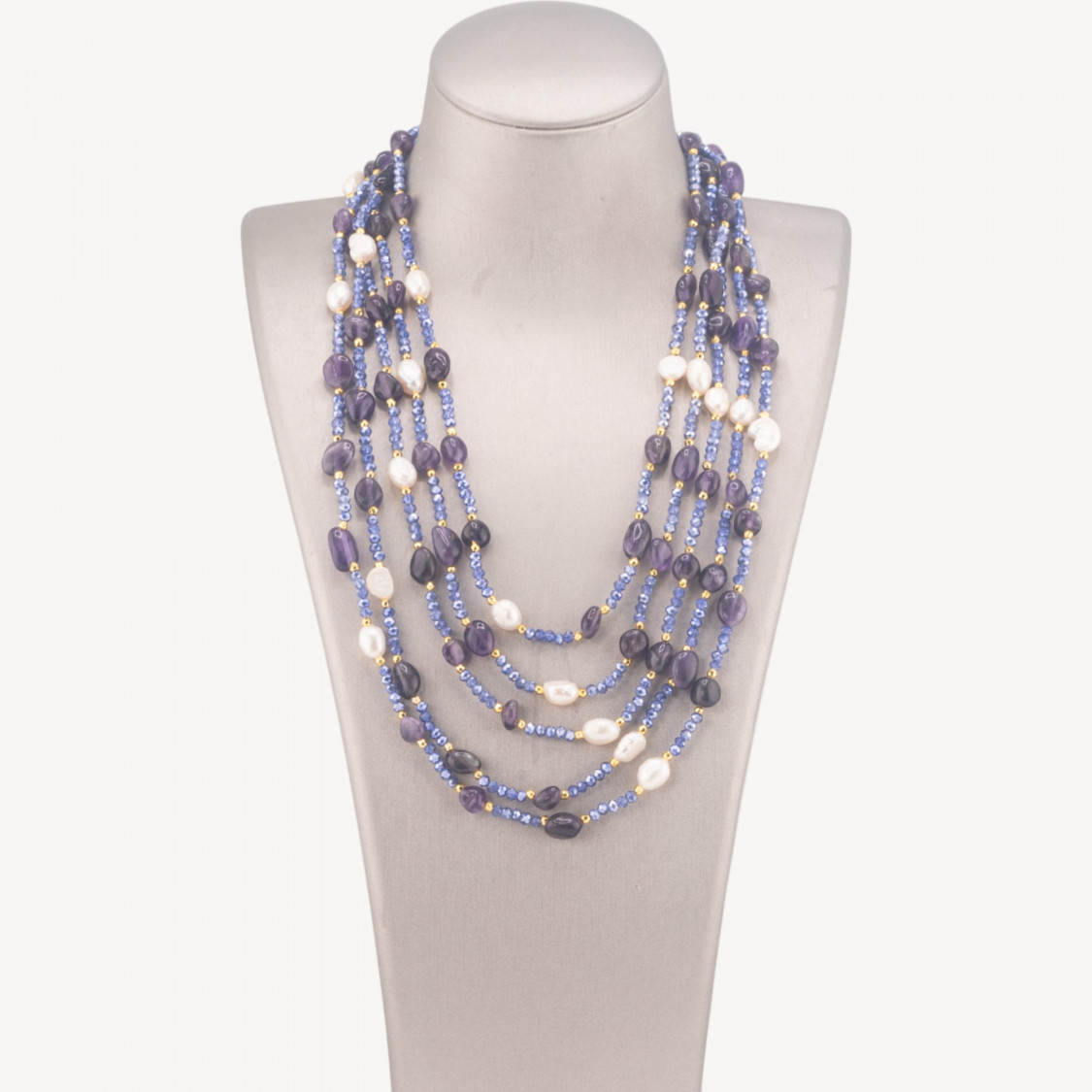Collana Bijoux Girocollo 5 Fili Con Pietre Dure, Perle Naturali E Cristalli 50cm Ametista-COLLANE DESIGN CON PIETRE NATURALI E PERLE | Worldofjewel.com