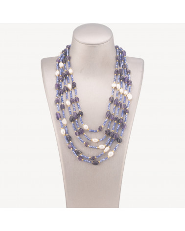 Collana Bijoux Girocollo 5 Fili Con Pietre Dure, Perle Naturali E Cristalli 50cm Ametista-COLLANE DESIGN CON PIETRE NATURALI E PERLE | Worldofjewel.com