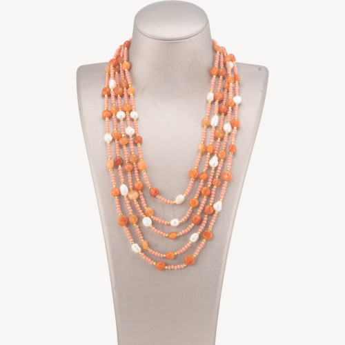 Collier ras du cou à 5 rangs orné de pierres semi-précieuses, de perles naturelles et de cristaux, 50 cm, en cornaline