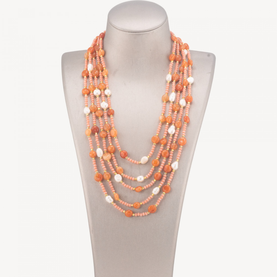 Collana Bijoux Girocollo 5 Fili Con Pietre Dure, Perle Naturali E Cristalli 50cm Corniola-COLLANE DESIGN CON PIETRE NATURALI E PERLE | Worldofjewel.com