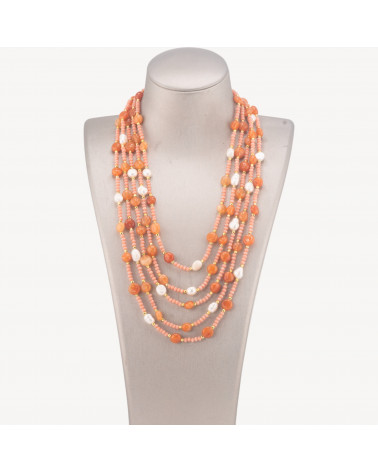 Collana Bijoux Girocollo 5 Fili Con Pietre Dure, Perle Naturali E Cristalli 50cm Corniola-COLLANE DESIGN CON PIETRE NATURALI E PERLE | Worldofjewel.com