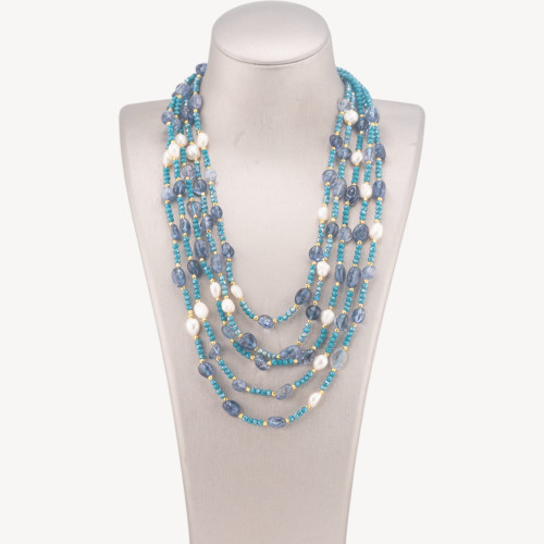 5-strängige Choker-Halskette mit Edelsteinen, Naturperlen und Kristallen, 50 cm, blauer Bergkristall