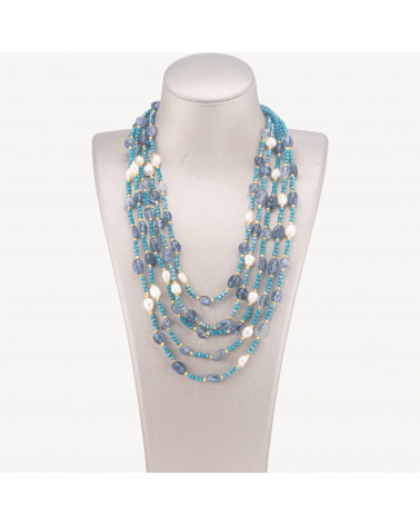 Collana Bijoux Girocollo 5 Fili Con Pietre Dure, Perle Naturali E Cristalli 50cm Cristallo Di Rocca Blu-COLLANE DESIGN CON PIETRE NATURALI E PERLE | Worldofjewel.com