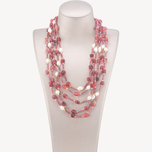 Gargantilla de 5 hilos con piedras semipreciosas, perlas naturales y cristales, 50 cm de cristal de roca rojo