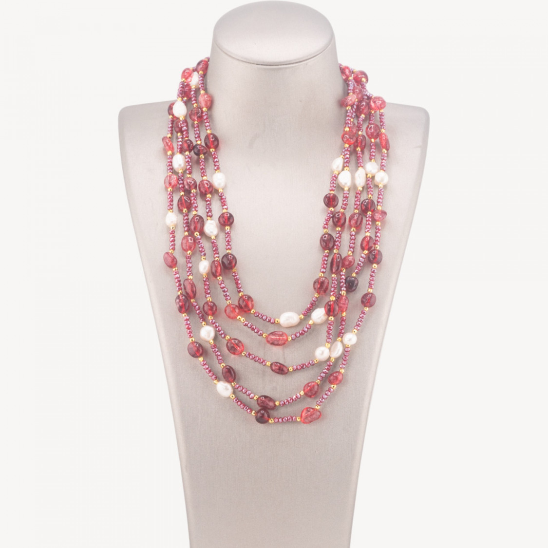 Collana Bijoux Girocollo 5 Fili Con Pietre Dure, Perle Naturali E Cristalli 50cm Cristallo Di Rocca Rosso-COLLANE DESIGN CON PIETRE NATURALI E PERLE | Worldofjewel.com