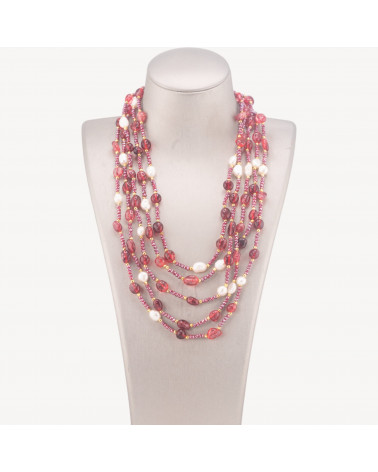 Collana Bijoux Girocollo 5 Fili Con Pietre Dure, Perle Naturali E Cristalli 50cm Cristallo Di Rocca Rosso-COLLANE DESIGN CON PIETRE NATURALI E PERLE | Worldofjewel.com