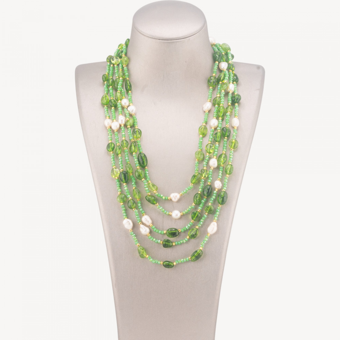 Collana Bijoux Girocollo 5 Fili Con Pietre Dure, Perle Naturali E Cristalli 50cm Cristallo Di Rocca Verde-COLLANE DESIGN CON PIETRE NATURALI E PERLE | Worldofjewel.com