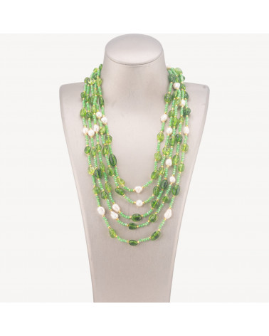 Collana Bijoux Girocollo 5 Fili Con Pietre Dure, Perle Naturali E Cristalli 50cm Cristallo Di Rocca Verde-COLLANE DESIGN CON PIETRE NATURALI E PERLE | Worldofjewel.com