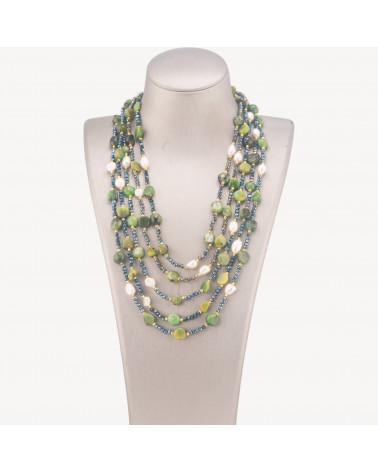 Collana Bijoux Girocollo 5 Fili Con Pietre Dure, Perle Naturali E Cristalli 50cm Giada Canadese-COLLANE DESIGN CON PIETRE NATURALI E PERLE | Worldofjewel.com