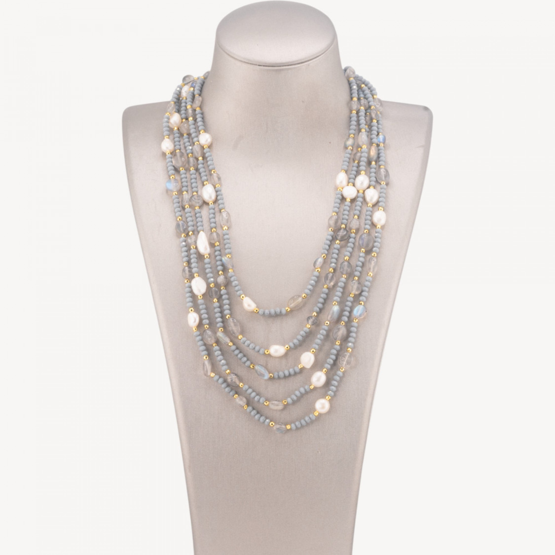 Collana Bijoux Girocollo 5 Fili Con Pietre Dure, Perle Naturali E Cristalli 50cm Grigio-COLLANE DESIGN CON PIETRE NATURALI E PERLE | Worldofjewel.com
