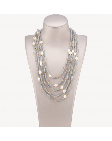 Collana Bijoux Girocollo 5 Fili Con Pietre Dure, Perle Naturali E Cristalli 50cm Grigio-COLLANE DESIGN CON PIETRE NATURALI E PERLE | Worldofjewel.com