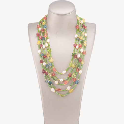 Collier ras du cou à 5 rangs orné de pierres précieuses, de perles naturelles et de cristaux, 50 cm, multicolore