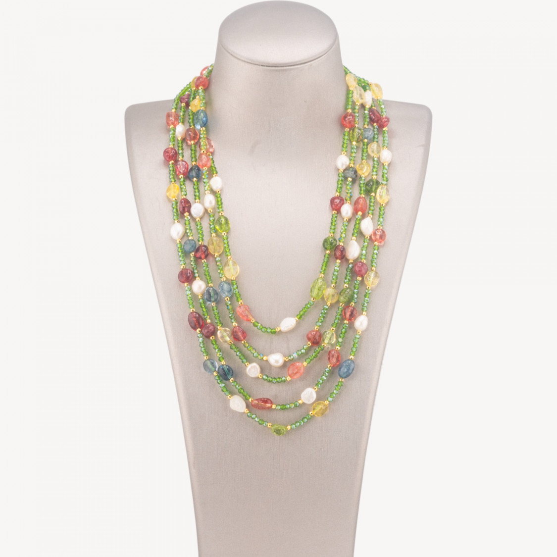 Collana Bijoux Girocollo 5 Fili Con Pietre Dure, Perle Naturali E Cristalli 50cm Multicolor-COLLANE DESIGN CON PIETRE NATURALI E PERLE | Worldofjewel.com