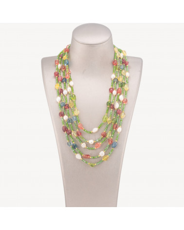 Collana Bijoux Girocollo 5 Fili Con Pietre Dure, Perle Naturali E Cristalli 50cm Multicolor-COLLANE DESIGN CON PIETRE NATURALI E PERLE | Worldofjewel.com