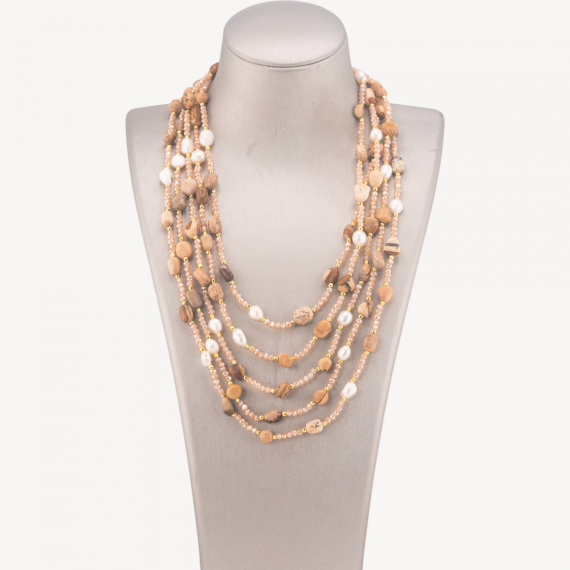 Collana Bijoux Girocollo 5 Fili Con Pietre Dure, Perle Naturali E Cristalli 50cm Pietra Paesina-COLLANE DESIGN CON PIETRE NATURALI E PERLE | Worldofjewel.com