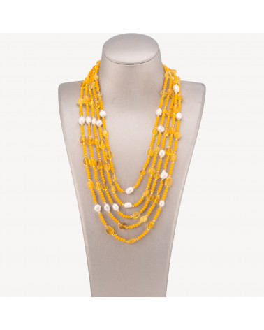 Collana Bijoux Girocollo 5 Fili Con Pietre Dure, Perle Naturali E Cristalli 50cm Quarzo Citrino-COLLANE DESIGN CON PIETRE NATURALI E PERLE | Worldofjewel.com