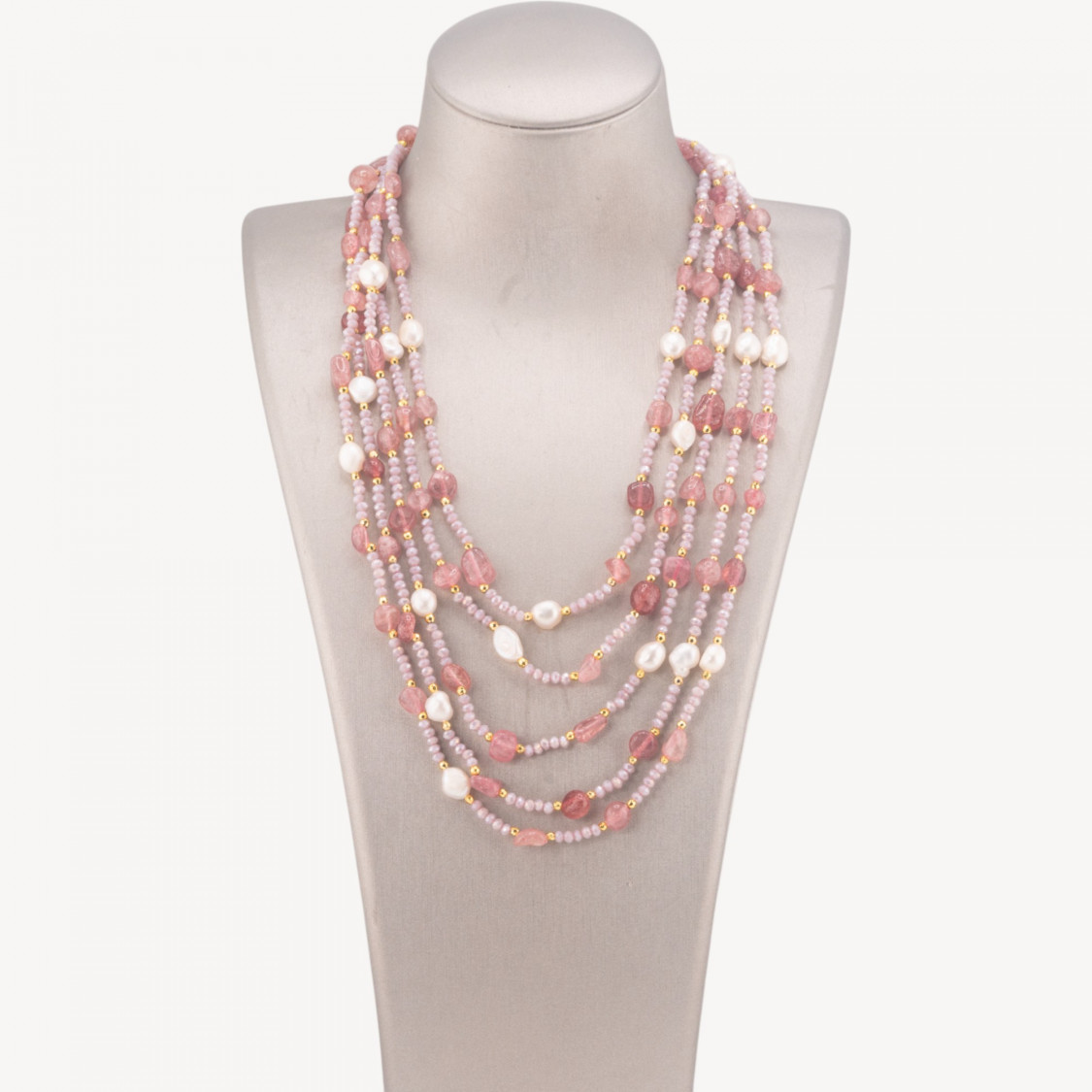 Collana Bijoux Girocollo 5 Fili Con Pietre Dure, Perle Naturali E Cristalli 50cm Rosa Cipria-COLLANE DESIGN CON PIETRE NATURALI E PERLE | Worldofjewel.com