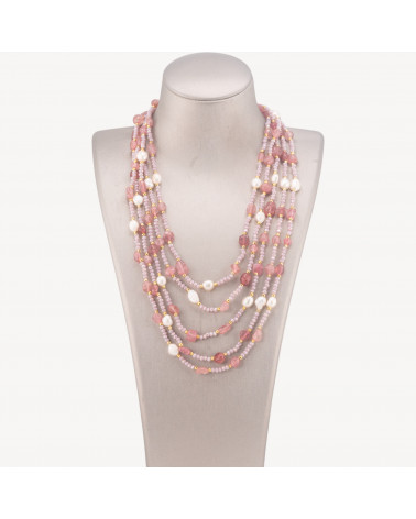 Collana Bijoux Girocollo 5 Fili Con Pietre Dure, Perle Naturali E Cristalli 50cm Rosa Cipria-COLLANE DESIGN CON PIETRE NATURALI E PERLE | Worldofjewel.com