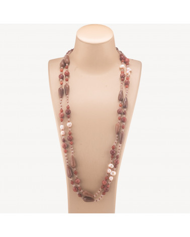 Collana Di Pietre Dure A Goccia E Sfere Con Perle Di Fiume Con Nodini 160cm Marrone-COLLANE DESIGN CON PIETRE NATURALI E PERLE | Worldofjewel.com