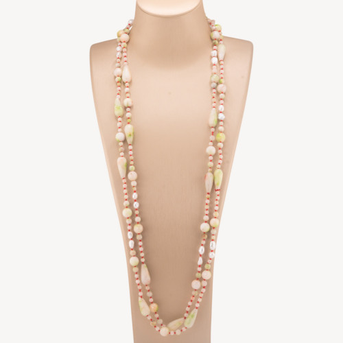 Collar de piedras preciosas con forma de gota y esfera, perlas de río y nudos, 160 cm, verde claro