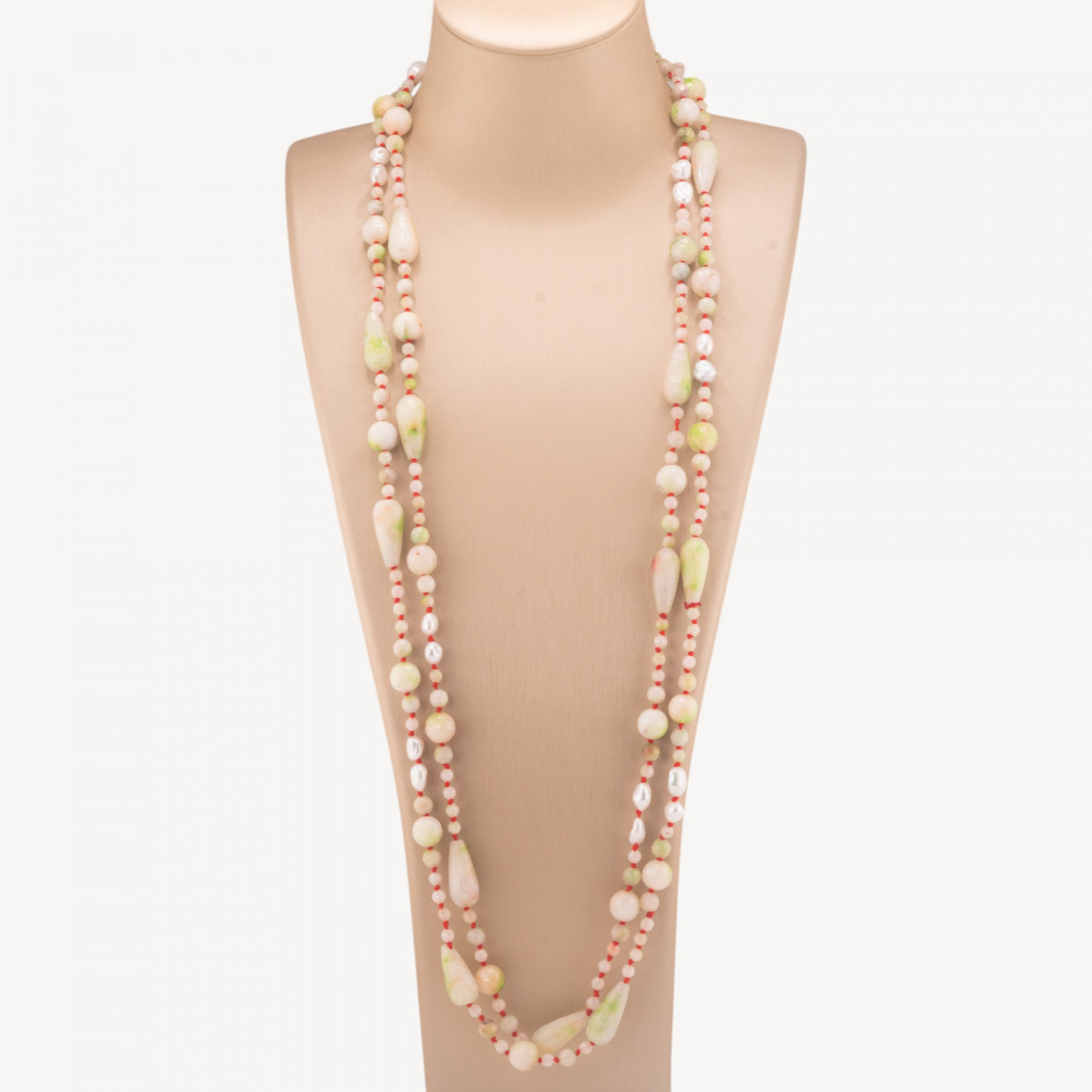 Drop and Sphere Gemstone Necklace with River Pearls and Knots, 160cm, Light Green-DESIGNER NECKLACES WITH NATURAL STONES AND PEARLS | Worldofjewel.com