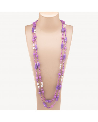 Collana Di Pietre Dure A Goccia E Sfere Con Perle Di Fiume Con Nodini 160cm Viola-COLLANE DESIGN CON PIETRE NATURALI E PERLE | Worldofjewel.com