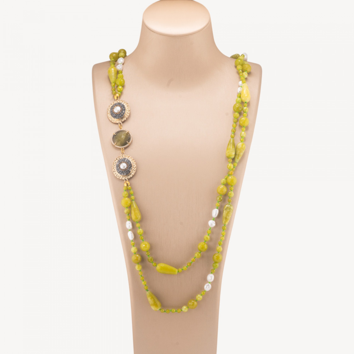 Collana Di Pietre Dure Con Componenti Di Marcasite E Bronzo 90cm Verde-COLLANE DESIGN CON PIETRE NATURALI E PERLE | Worldofjewel.com
