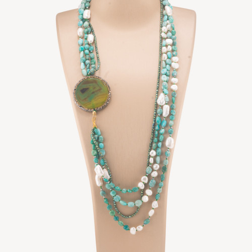Gemstone and Pearl Necklace with Amazonite and Hematite Rhinestone Centerpiece