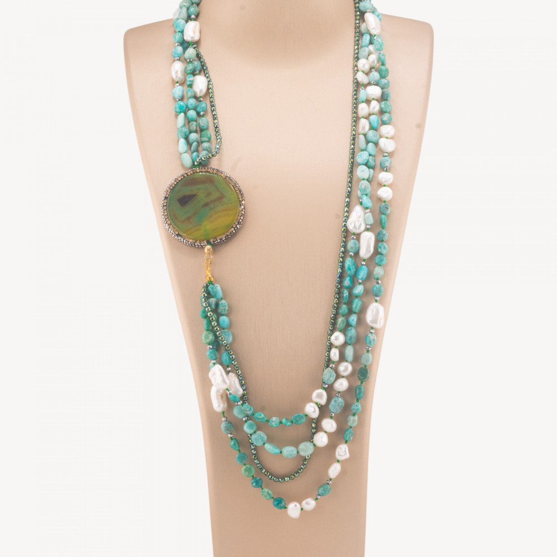 Collana Di Pietre Dure E Perle Con Centrale Con Strass Amazzonite E Ematite-COLLANE DESIGN CON PIETRE NATURALI E PERLE | Worldofjewel.com