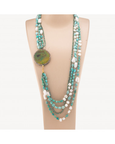 Collana Di Pietre Dure E Perle Con Centrale Con Strass Amazzonite E Ematite-COLLANE DESIGN CON PIETRE NATURALI E PERLE | Worldofjewel.com