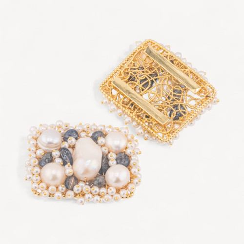 Κεντρικό Εξάρτημα με Χάντρες, Ημιπολύτιμους Λίθους και Μαργαριτάρια του Ποταμού Μπλεγμένα σε Φιλιγκράν 35x45mm 1pc Επιχρυσωμένο 