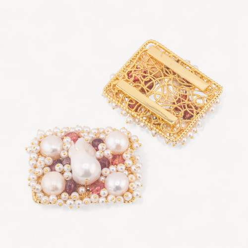 Κεντρικό Εξάρτημα με Χάντρες, Σκληρές Πέτρες και Μαργαριτάρια Ποταμού Πλεγμένα σε Φιλιγκράν 35x45mm 1 τεμ. Χρυσό Κρύσταλλο Ρούχω