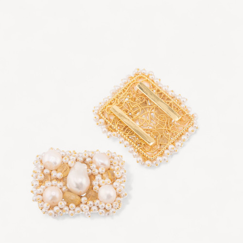 Central Component With Beads, Hard Stones and River Pearls, Entangled on Filigree 35x45mm 1pc Gold Plated Clear Citrine Quartz