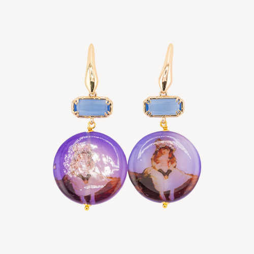 Bronze Closed Stud Earrings with Blue Pantographed Agate and Purple Cat's Eye 30x65mm
