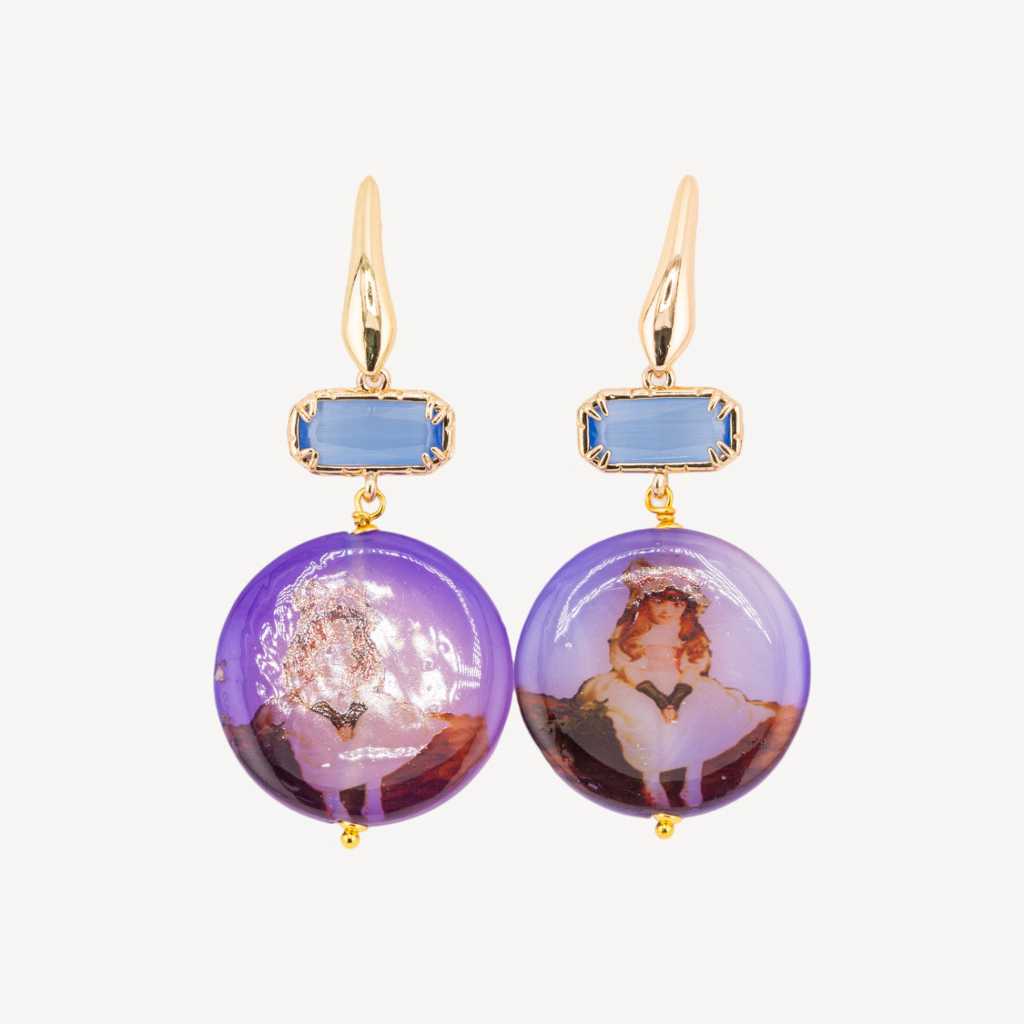 Geschlossene Ohrstecker aus Bronze mit blauem, pantografiertem Achat und violettem Katzenauge, 30 x 65 mm-Ohrringe mit Stil | Worldofjewel.com