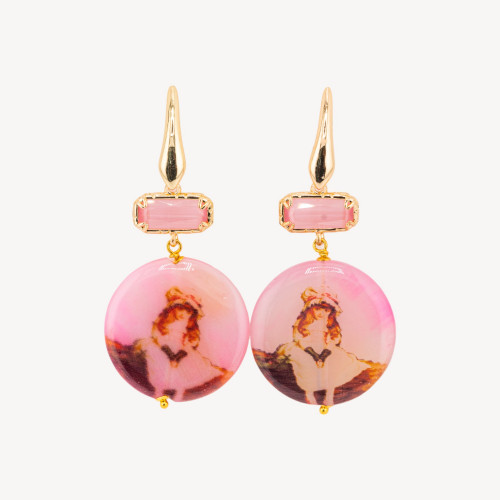 Bronze Closed Stud Earrings with Fuchsia Pantographed Agate and Pink Cat's Eye 30x65mm