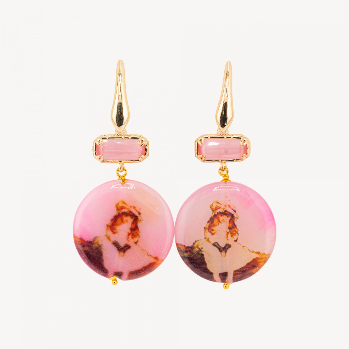 Orecchini a Perno Chiuso Di Bronzo Con Agata Pantografata Fucsia E Occhio Di Gatto Rosa 30x65mm-ORECCHINI MADE WITH STYLE | Worldofjewel.com