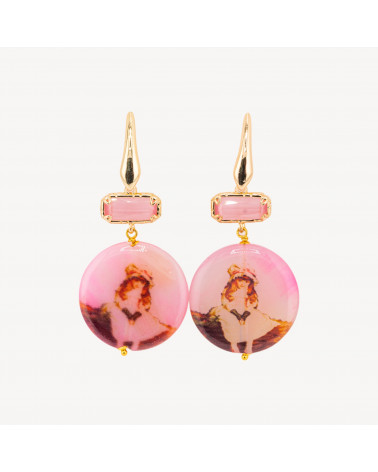 Orecchini a Perno Chiuso Di Bronzo Con Agata Pantografata Fucsia E Occhio Di Gatto Rosa 30x65mm-ORECCHINI MADE WITH STYLE | Worldofjewel.com